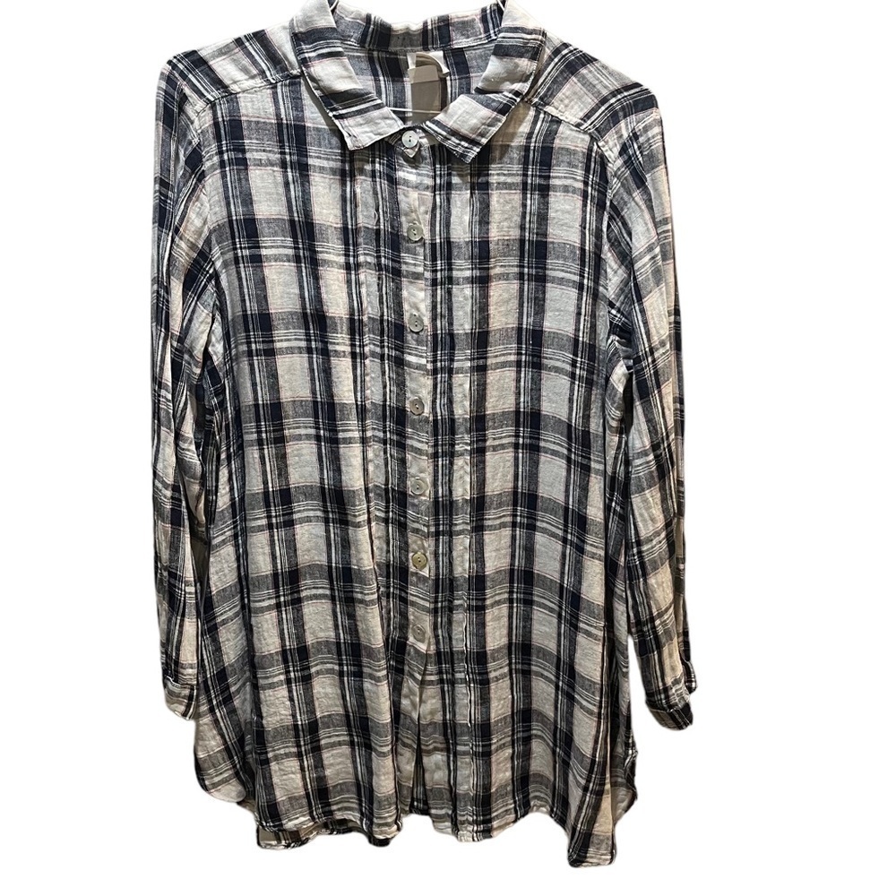 Match Point Navy Plaid 100% Linen Long Sleeve Button Down Tunic Top Sz L